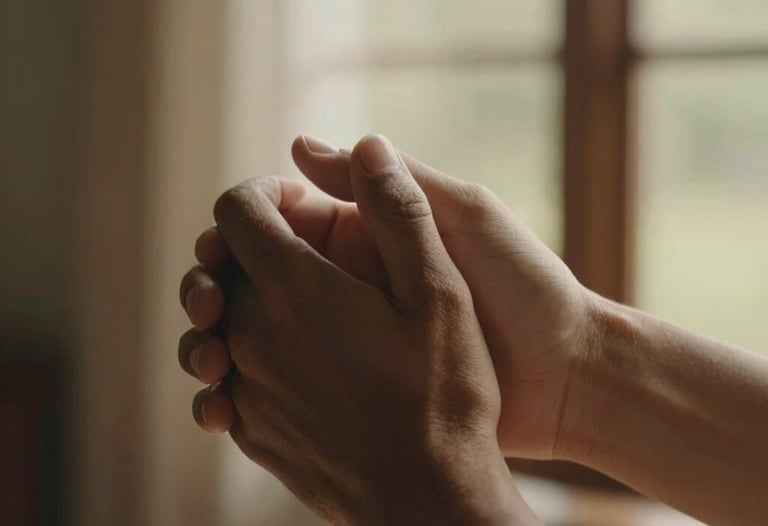 A close-up photograph of hands entwined, captured in soft, natural morning light filtering through a window. The style is cinematic lifestyle photography with a warm, sandy color grade. South American / Brazilian setting.