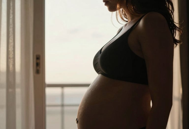 A close up of a pregnant woman's silhouette against a sunlit window. The light creates a warm glow around her. Elegant, artistic, South American / Brazilian.
