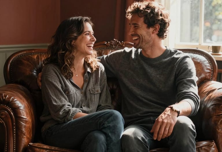 A lifestyle photo of a couple laughing on a vintage leather sofa, sun streaming through a window. Warm charcoal and terracotta tones in the decor.