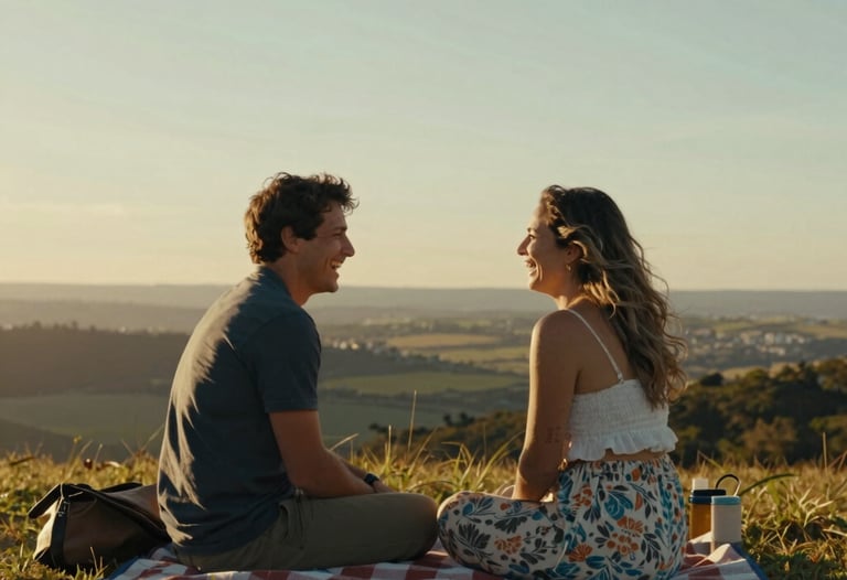 A candid shot of a laughing couple during a picnic on a Brazilian plateau. The light is golden and the atmosphere is authentic and cinematic.