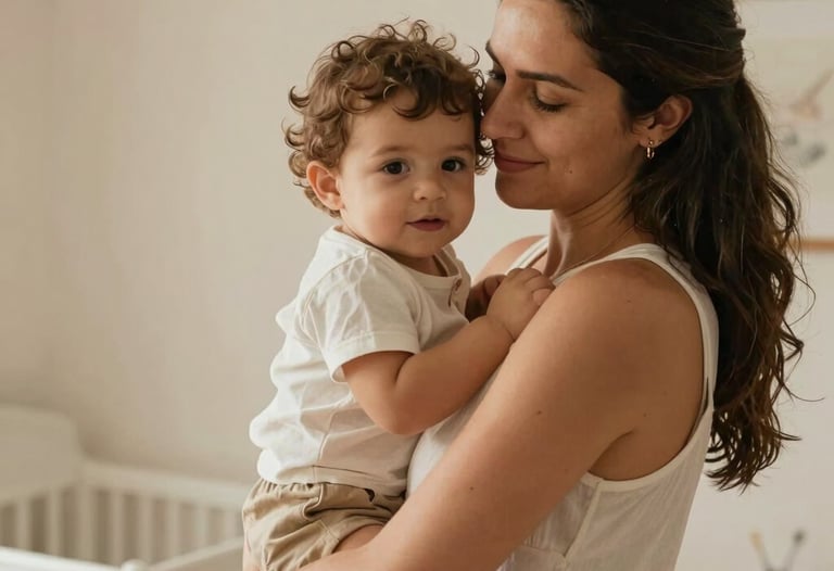 A vertical shot of a Brazilian mother holding her child in a sunlit nursery. Soft, creamy tones, focus on the emotional connection and natural light.