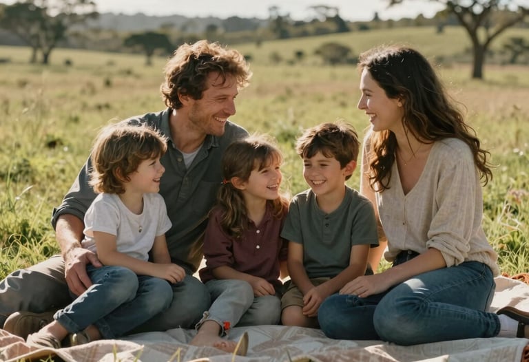 A family laughing together on a large blanket in a sun-drenched meadow. Cinematic, high-quality lifestyle photography. South American.