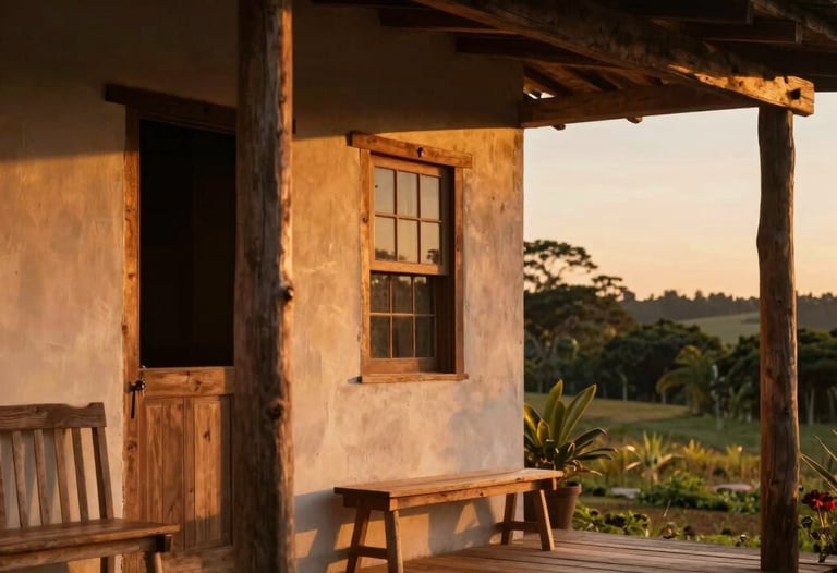 Cinematic photography of a Brazilian farmhouse porch at sunset. Warm lighting, rustic wooden textures, and a cozy, inviting atmosphere.