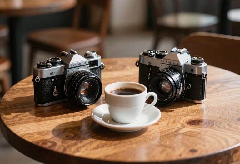 Cinematic shot of a wooden table with coffee and old cameras in a sunny Brazilian cafe. Atmosphere is cozy, nostalgic and professional.