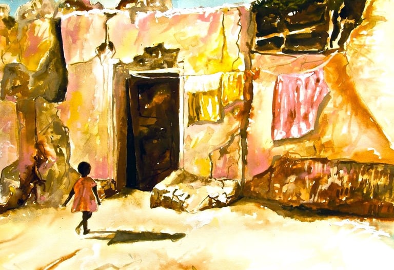 a painting of a girl walking through a dirty street