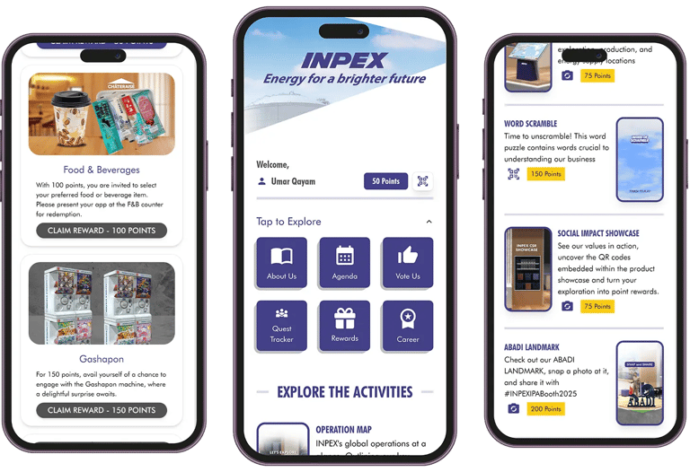 INPEX gamification web app interface showing missions, leaderboard, and reward menu