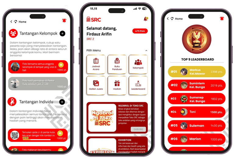User interface design of SRC gamification web app showing login, menu, and leaderboard