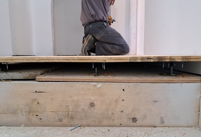 Contractor installing raised plywood subfloor using adjustable pedestals during residential floor levelling project
