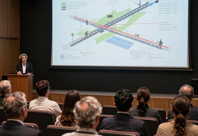 Photography of a group of diverse professionals in a high-end auditorium in South America, listening to a lecture about infrastructure. A large screen displays technical road diagrams.
