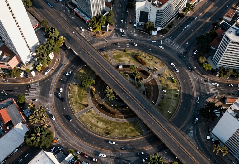 Overhead photography of a complex roundabout design in a South American city, showcasing geometric precision and urban integration.