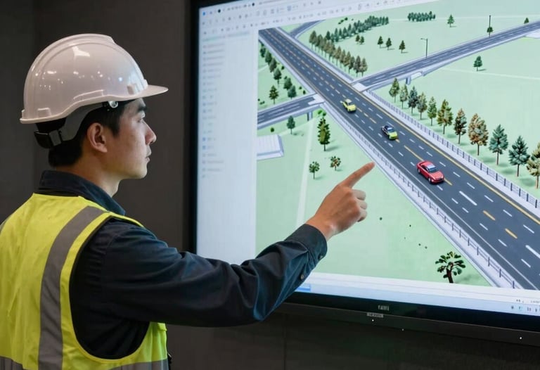 Side view photography of a civil engineer pointing at a 3D model of a highway layout on a screen in a darkened presentation room.
