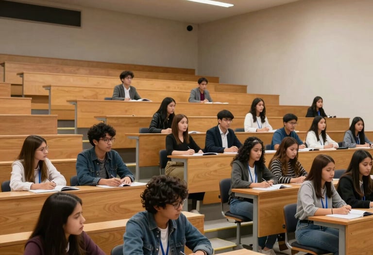 Interior photography of a modern lecture hall in a Latin American university, filled with engineering students and professionals during a seminar.