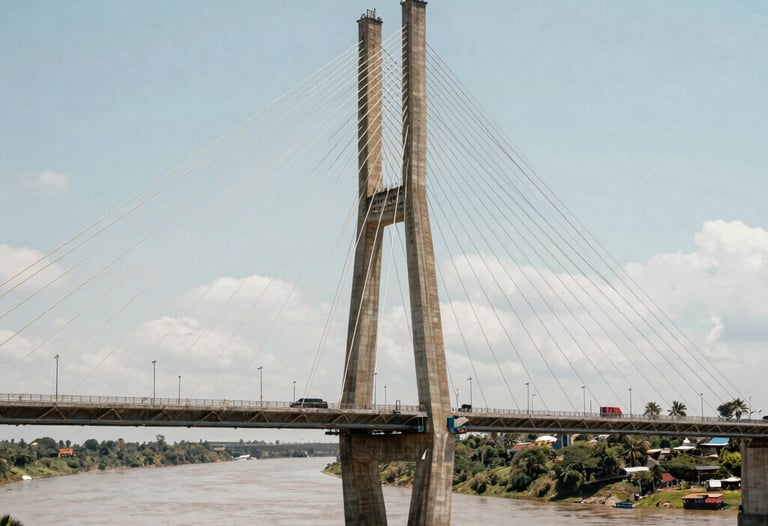 Photography of a newly constructed modern suspension bridge over a South American river valley, showing the symmetry and scale of the engineering feat.