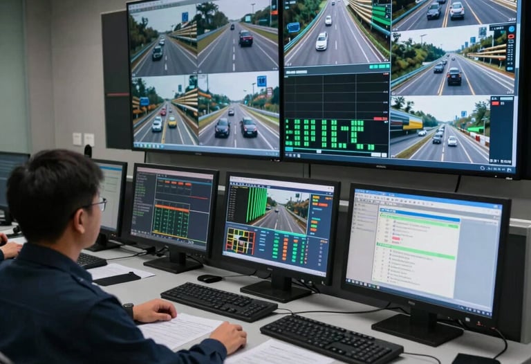Photography of a high-tech control room for highway traffic management, with multiple monitors showing real-time video and data charts.