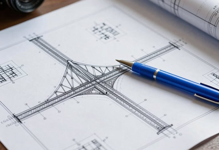 Close-up photography of a set of blueprints for a bridge intersection, laid out on a professional desk. A steel blue pen rests on the document. The lighting is bright and technical, showing fine details of civil engineering design.