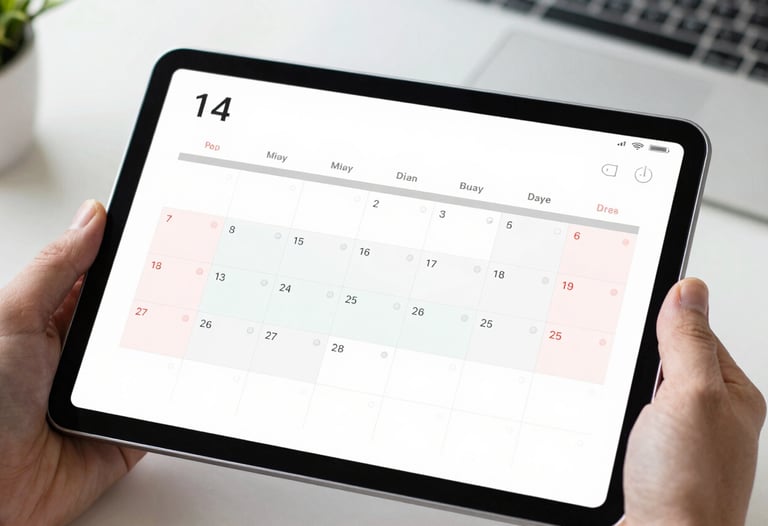 A focused close-up of a digital calendar on a tablet screen showing organized business deadlines and reminders. The tablet is held by a professional in a modern North American / US workspace. Bright and clean lighting.