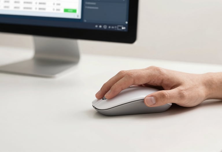 A detailed close-up of a hand using a sleek computer mouse on a minimalist white desk. A clean, modern software interface for business filing is partially visible on a monitor in the background. The lighting is bright and clean, using the off-white and medium blue palette.