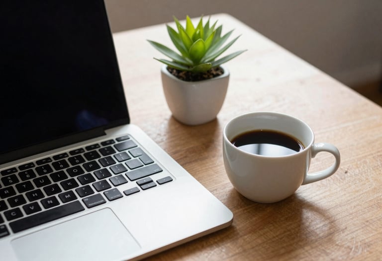 A professional desk setup featuring a laptop and a neatly placed coffee cup. A small green plant adds a touch of life. The scene conveys a sense of calm efficiency and modern work-life balance. North American / US home office.