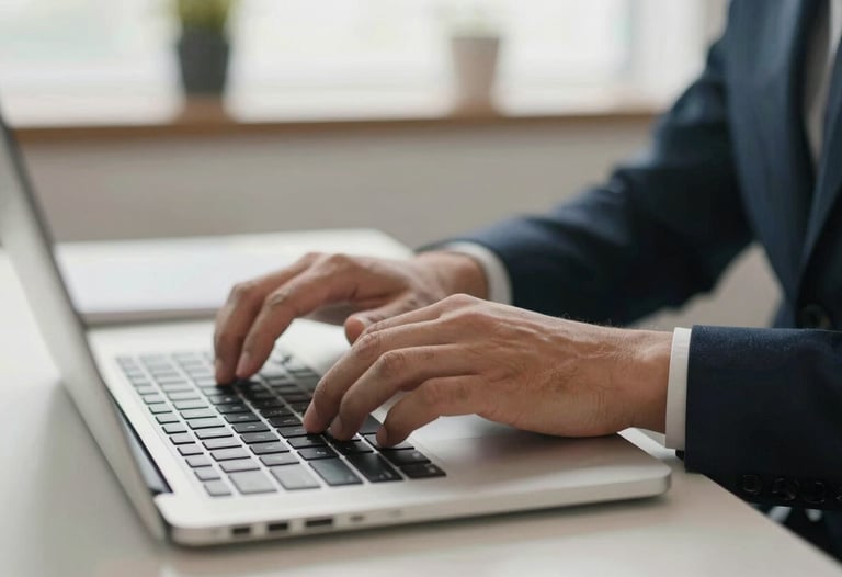 A close-up of a person's hands typing on a laptop keyboard. The focus is on the action, suggesting productivity. The environment is a well-lit office with a palette of dark navy and off-white. North American / US context.