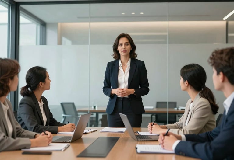 A professional woman confidently presenting to a small, diverse group in a modern glass-walled boardroom. The lighting is crisp and clear, emphasizing professionalism and leadership. North American / US business context.