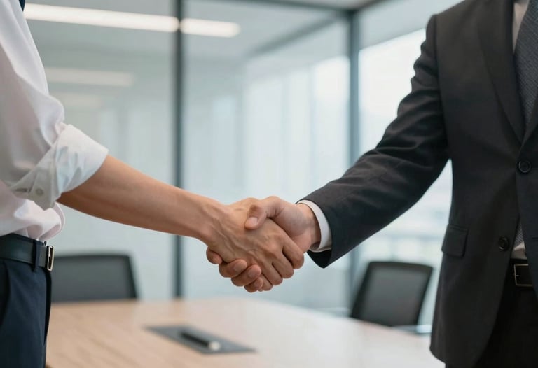 Two professionals in business casual attire shaking hands over a conference table. The focus is sharp on the handshake. The background is a blurred modern office interior with large windows. North American / US corporate environment.
