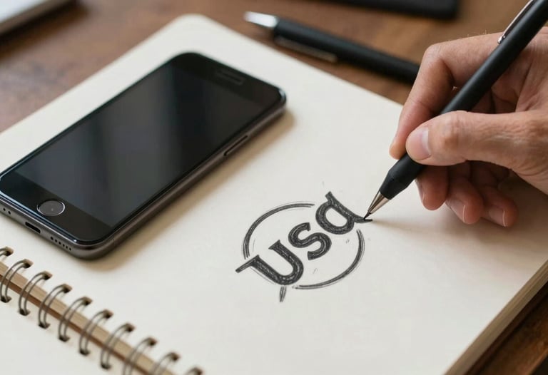 A detailed close-up of a person sketching a brand logo in a notebook. Beside it is a high-end smartphone and a stylus. The composition is artistic and clean, highlighting creativity and planning. North American / US setting.