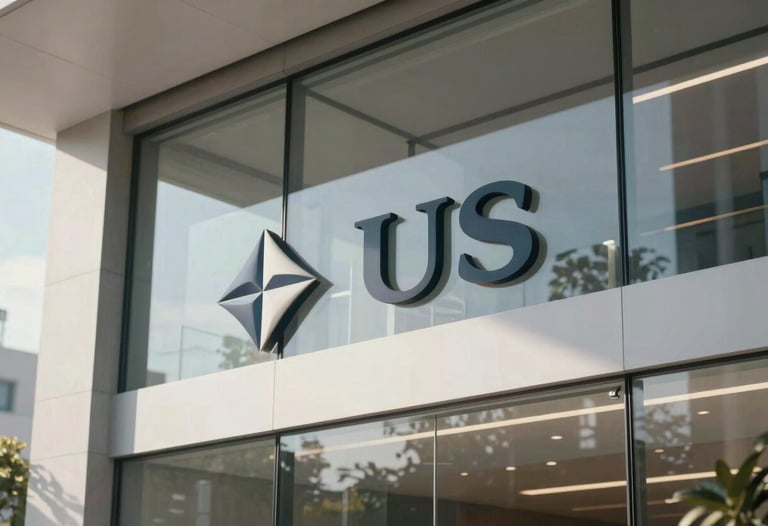 A sleek, modern business lobby with a company logo prominently but elegantly displayed on a glass wall. The design is minimal and sophisticated. Soft daylight fills the space. North American / US architecture.
