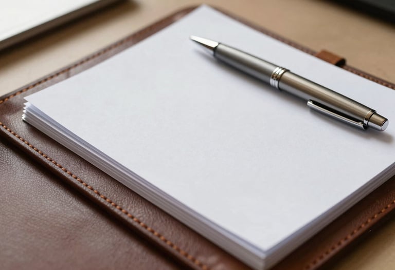 A close-up, high-angle shot of a high-quality leather folder containing neatly arranged business documents. A modern metal pen rests on the folder. Soft, warm natural light creates a professional and organized atmosphere. North American / US office setting.