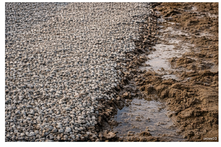 show difference between gravel pad and mud for shipping container drop off, gravel is better