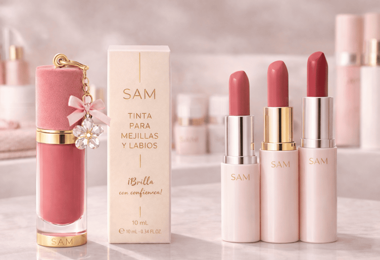 Tinta para mejillas y labios y labiales nude de SAM Cosméticos con acabado elegante y femenino.