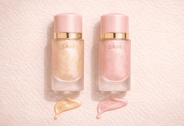 Iluminadores de SAM Cosméticos en tonos dorado y rosado con textura visible.