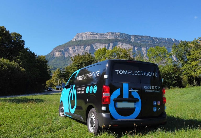 a van with a blue and white sign on it