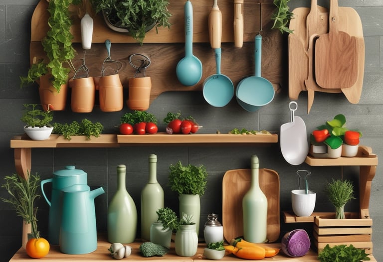 A variety of wooden kitchen items and wicker baskets displayed outside a store. Several stacks of cutting boards, baskets filled with terracotta pots, and other kitchen tools are neatly arranged on the concrete pavement. The background has red double doors and various shelves with more items inside the shop.