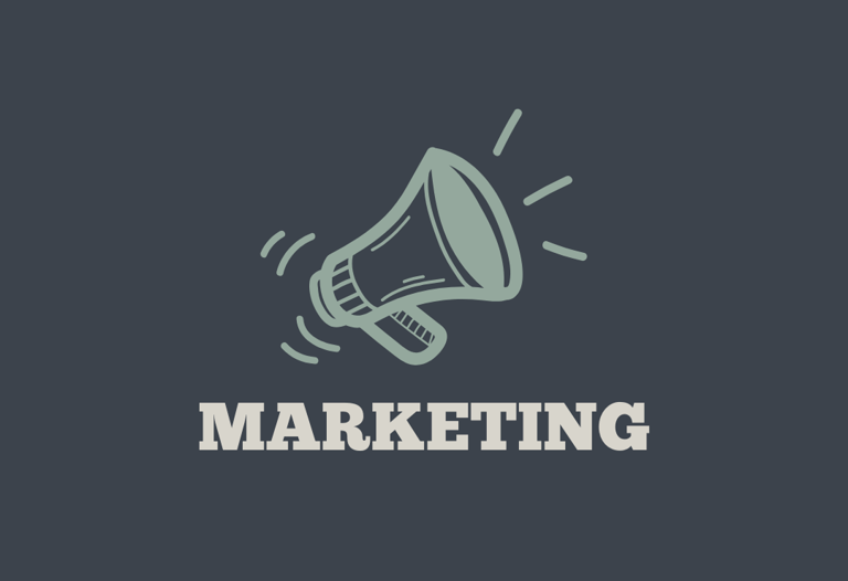 Marketing image with a megaphone icon in green with white lettering and a gray background