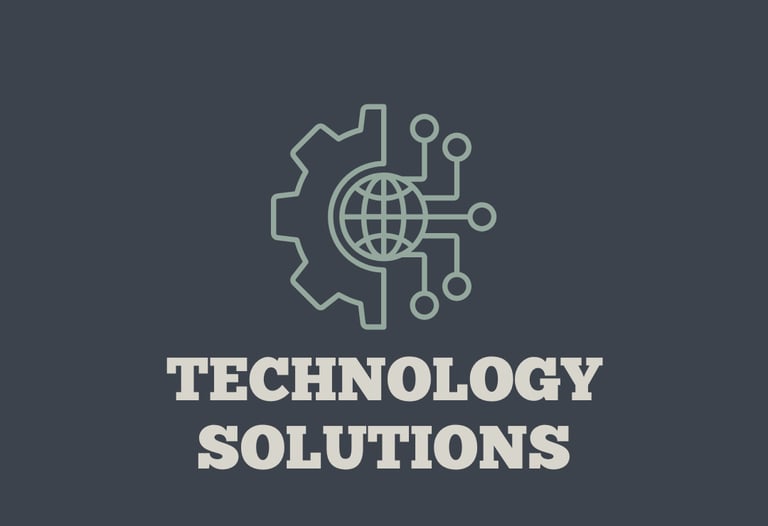 Technology solutions image with a gear/technology icon in green with white lettering and a gray background