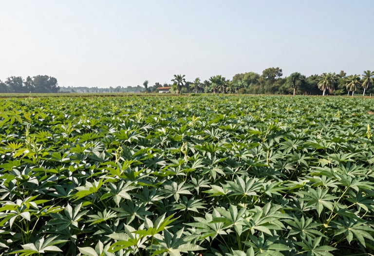 A serene farm pond reflecting the blue sky with green trees around, hinting at natural farming