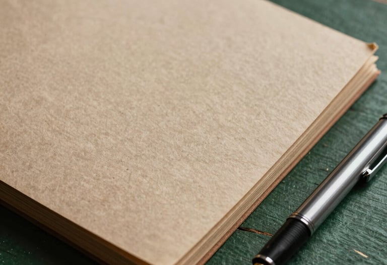Close-up of high-quality handmade paper with a visible deckle edge resting on a dark forest green wooden surface. A single fountain pen lies next to it. Sharp focus on texture, warm sand and forest green tones. South Asian / Global Professional style.