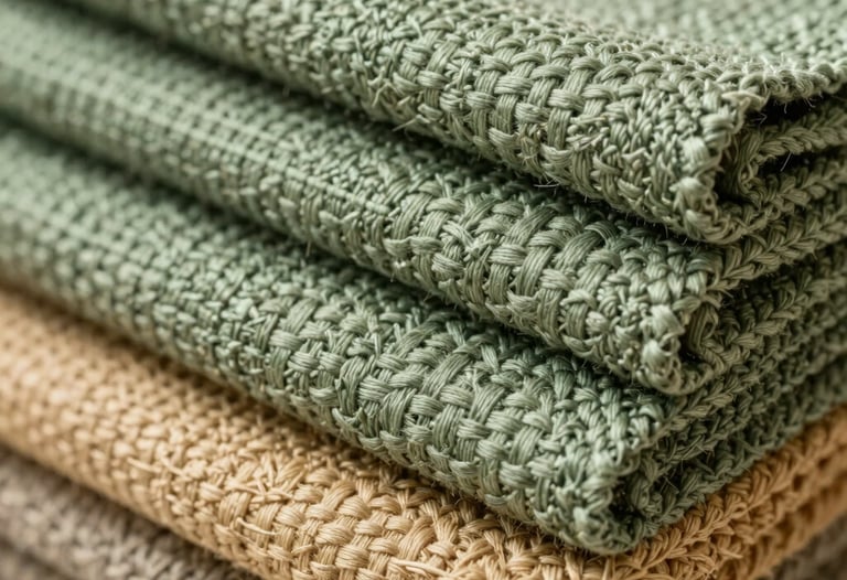 A stack of woven textiles in various shades of sage green and warm sand. Close-up on the intricate weaving patterns. Soft, natural side-lighting. No people or animals.