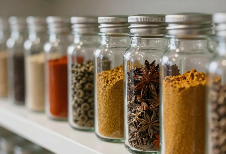 Detailed view of a row of minimalist glass jars filled with different spices, arranged on a paper white shelf. Focus on the geometry and repetition. Serene and professional. South Asian context.