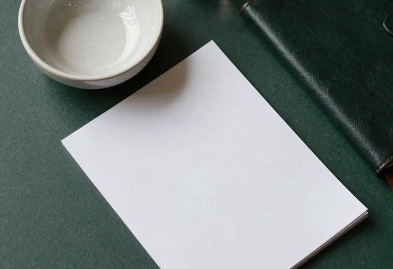 Top-down view of an organized desk with a ceramic bowl, a glass paperweight, and a leather-bound journal. Paper white and charcoal green colors. Minimalist and serene South Asian professional workspace.