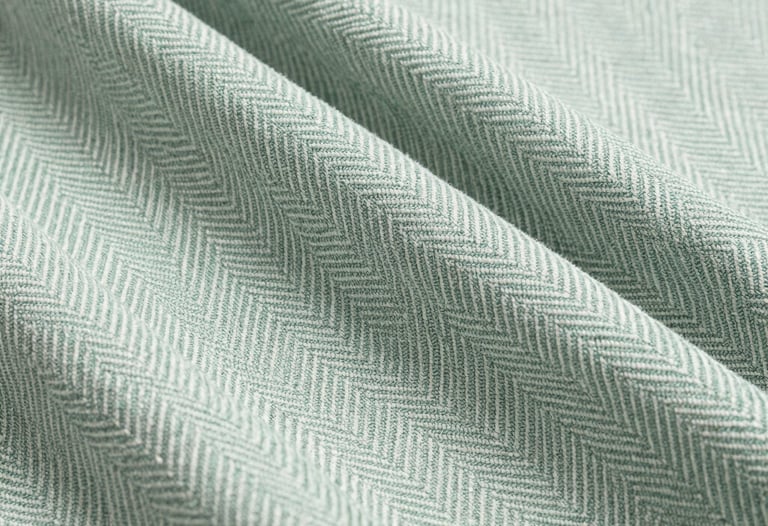 Close-up of a high-quality cotton fabric with a subtle herringbone pattern. Sage green and paper white colors. Professional still life photography.