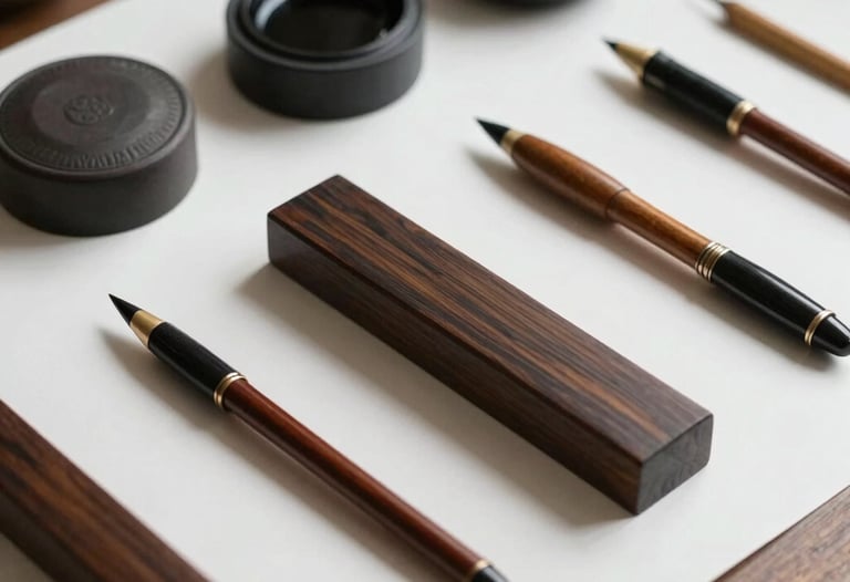 Close-up of ancient-style calligraphy tools on a modern paper white desk. Ink pots and wooden pens. Soft shadows, professional lighting. No living beings.