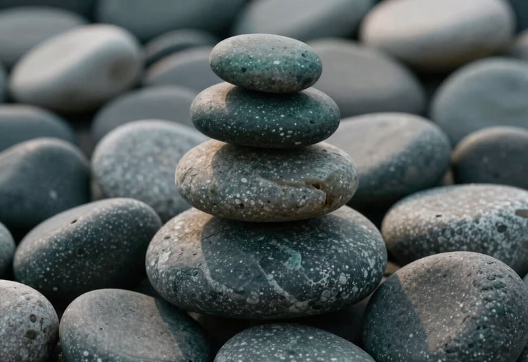 A pile of smoothed river stones in different shades of gray and charcoal green, stacked carefully. Focus on balance and texture. South Asian professional aesthetic.