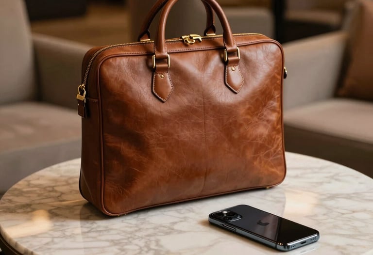 A professional leather briefcase and a high-end smartphone on a marble table in a luxury lounge. Soft evening light illuminating the scene with warm gold tones. North American / Hispanic professional setting.