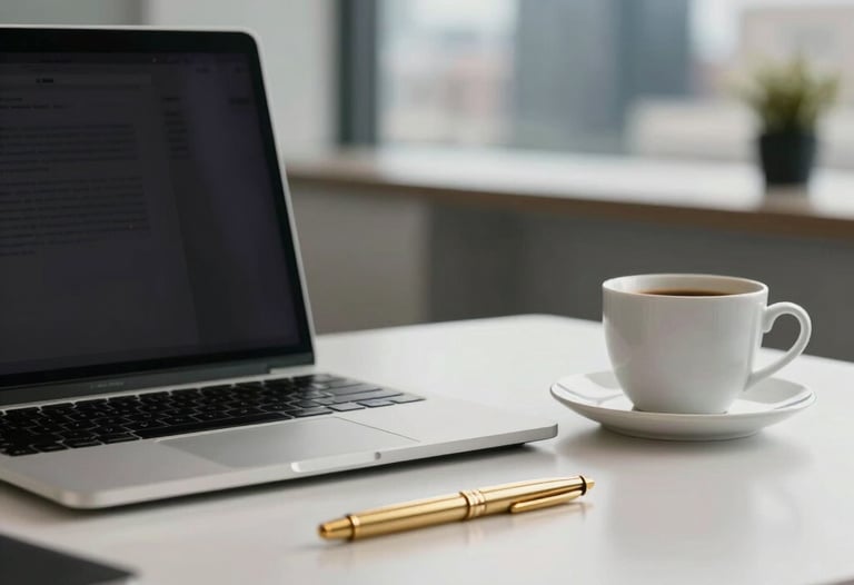 A clean, modern office desk with a laptop, a gold pen, and a cup of coffee. The background is a blurred high-end office in Houston. Elegant and calm atmosphere. North American / Hispanic style.