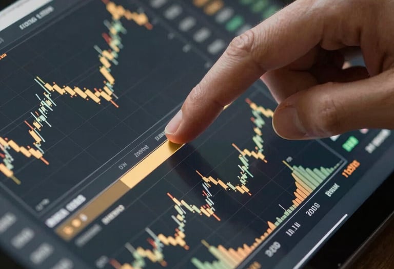 Close-up of financial charts and graphs on a high-resolution tablet screen. A professional hand is scrolling through the data. Modern dark theme with gold accent colors.