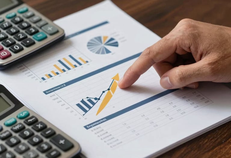 Close-up of high-quality business documents and a financial calculator on a dark wood table. A professional hand is pointing to a data chart. Gold and navy blue lighting accents. North American / Hispanic corporate environment.