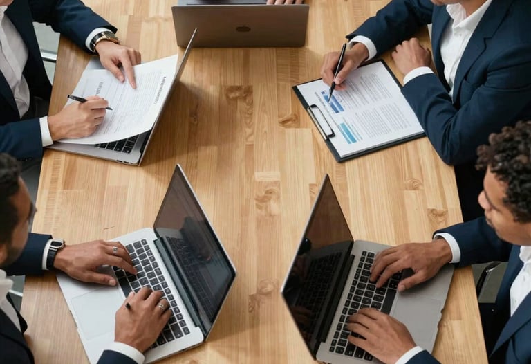 Top-down view of a modern conference table with four diverse business professionals discussing a project. Hands are visible pointing at documents and laptops. Gold and dark blue color palette. North American / Hispanic context.
