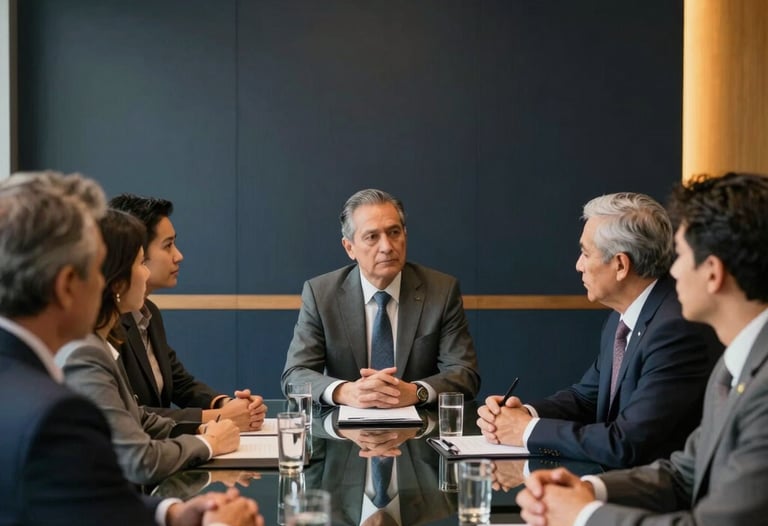 A sophisticated meeting room with dark navy walls and warm gold lighting. Professional North American / Hispanic individuals are sitting around a glass table engaged in a serious discussion.