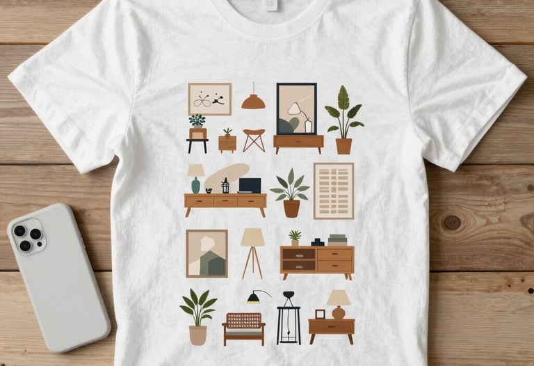 Budget-Friendly Home Tips - White t-shirt with mid-century modern furniture illustrations